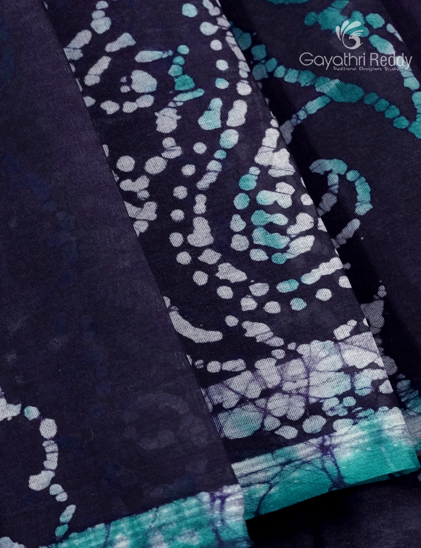 Cotton Batik Print Saree in Navy blue and Sea Blue