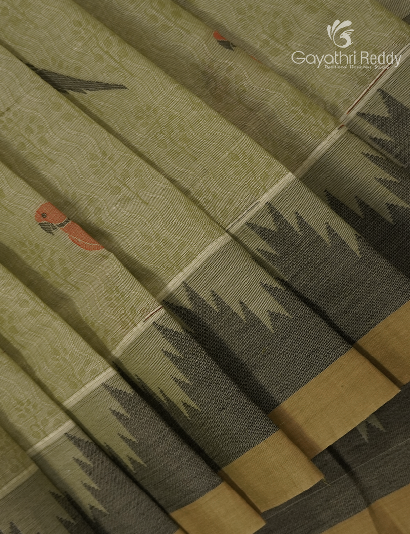 Pure Kanchi Cotton Saree in Olive Green