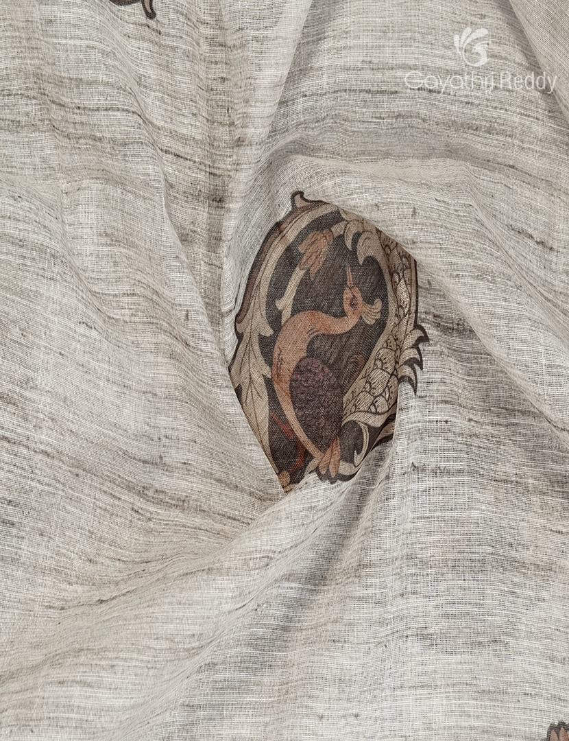 Linen Silk Saree in Cream and black