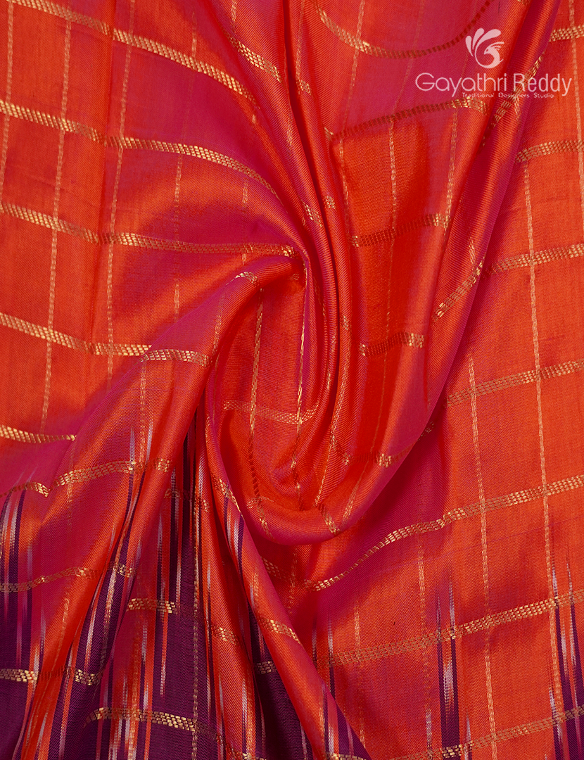 Pure Ikat Silk Saree in Peachish Orange and Brown