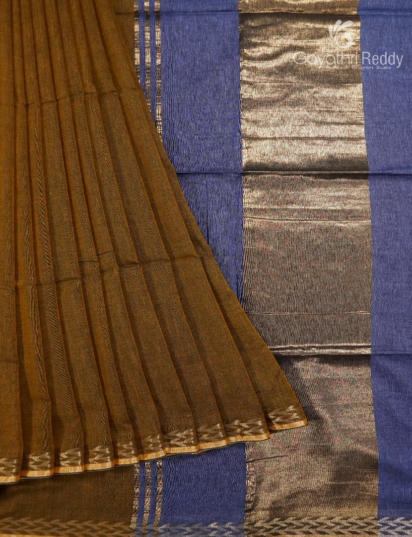Jamdani Cotton Saree in Dry Mehendi and Denim Blue