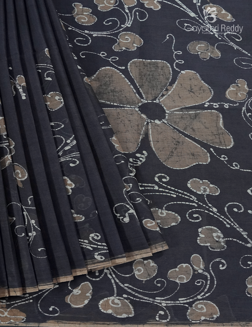 Cotton Batik Print Saree in Deep Ash Grey
