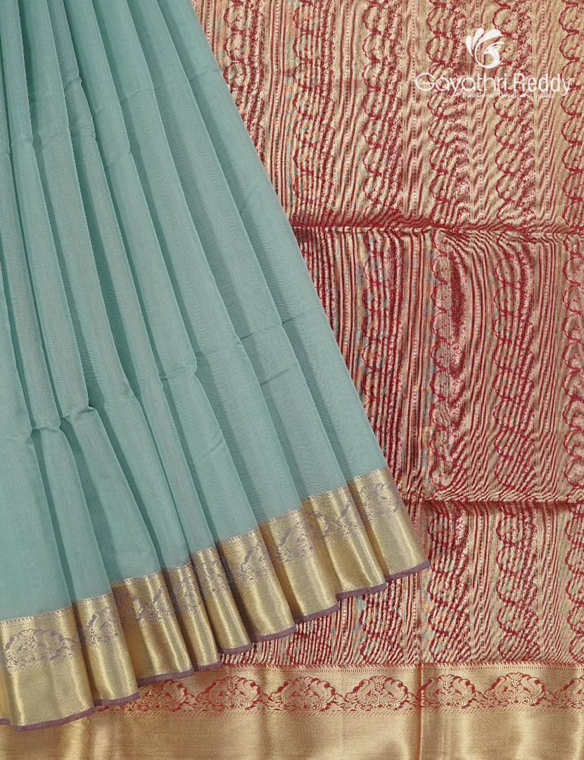 Pure Kanchipuram Sico Saree in Pastel Sea Blue and Red