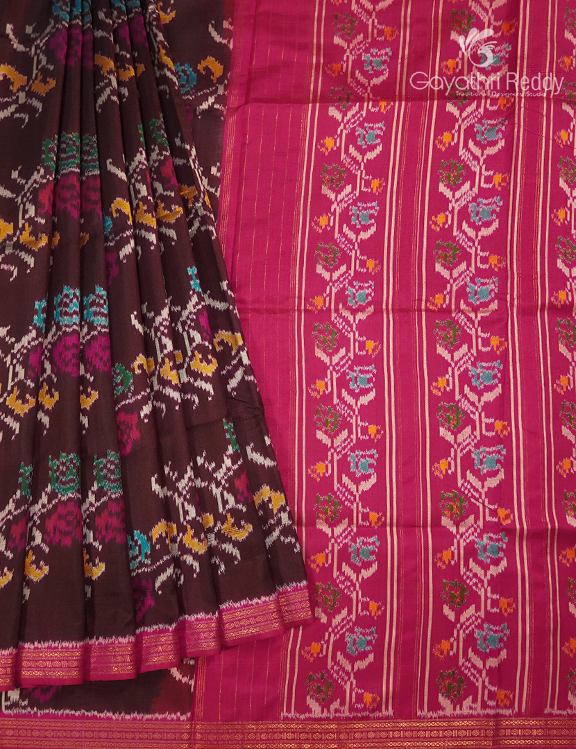 Pure Ikat Silk Saree in Deep Brown and Pink