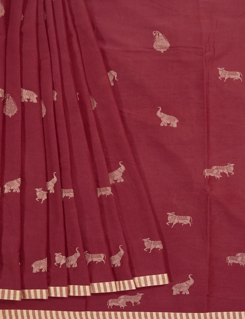 Pure MulMul Cotton Saree in Maroon Red and Beige