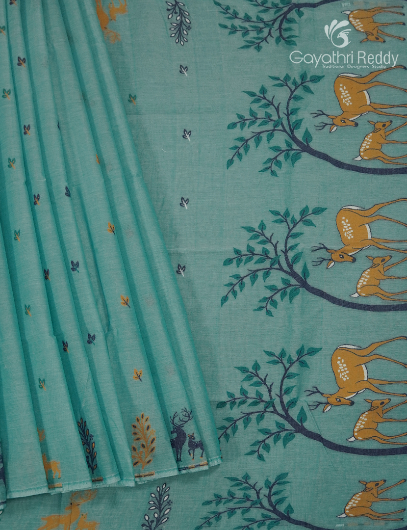 Jamdani Cotton Saree in Teal Blue