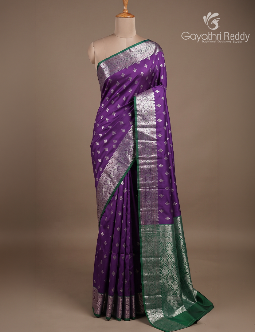 Semi Banaras Katan Silk Saree in Purple and Bottle Green