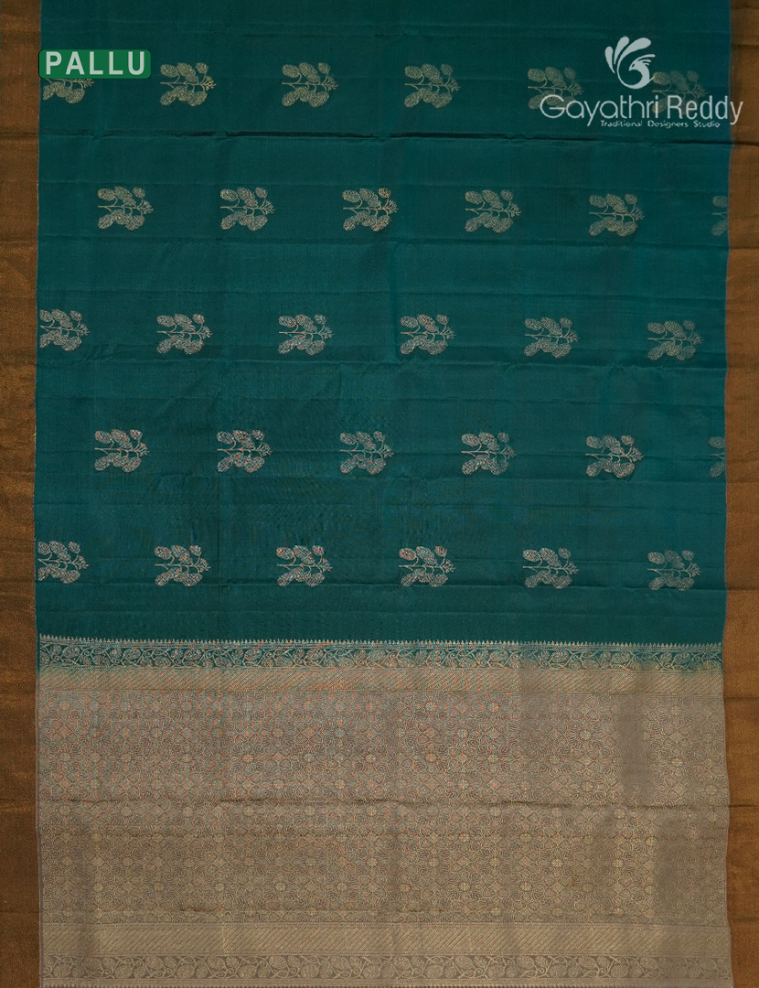 Pure Kanchipuram Silk Saree in Peacock Green and Ash Grey( Small Borders )