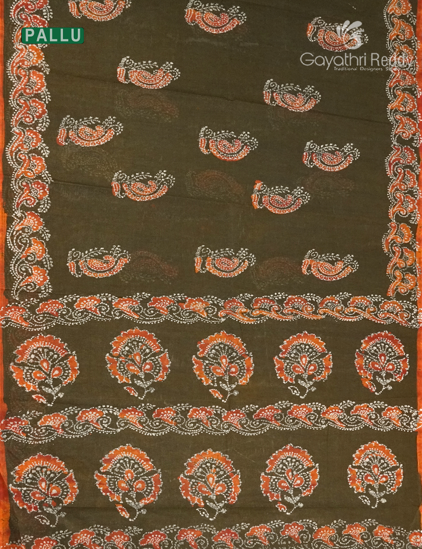 Cotton Batik Print Saree in Deep Mehendi Green