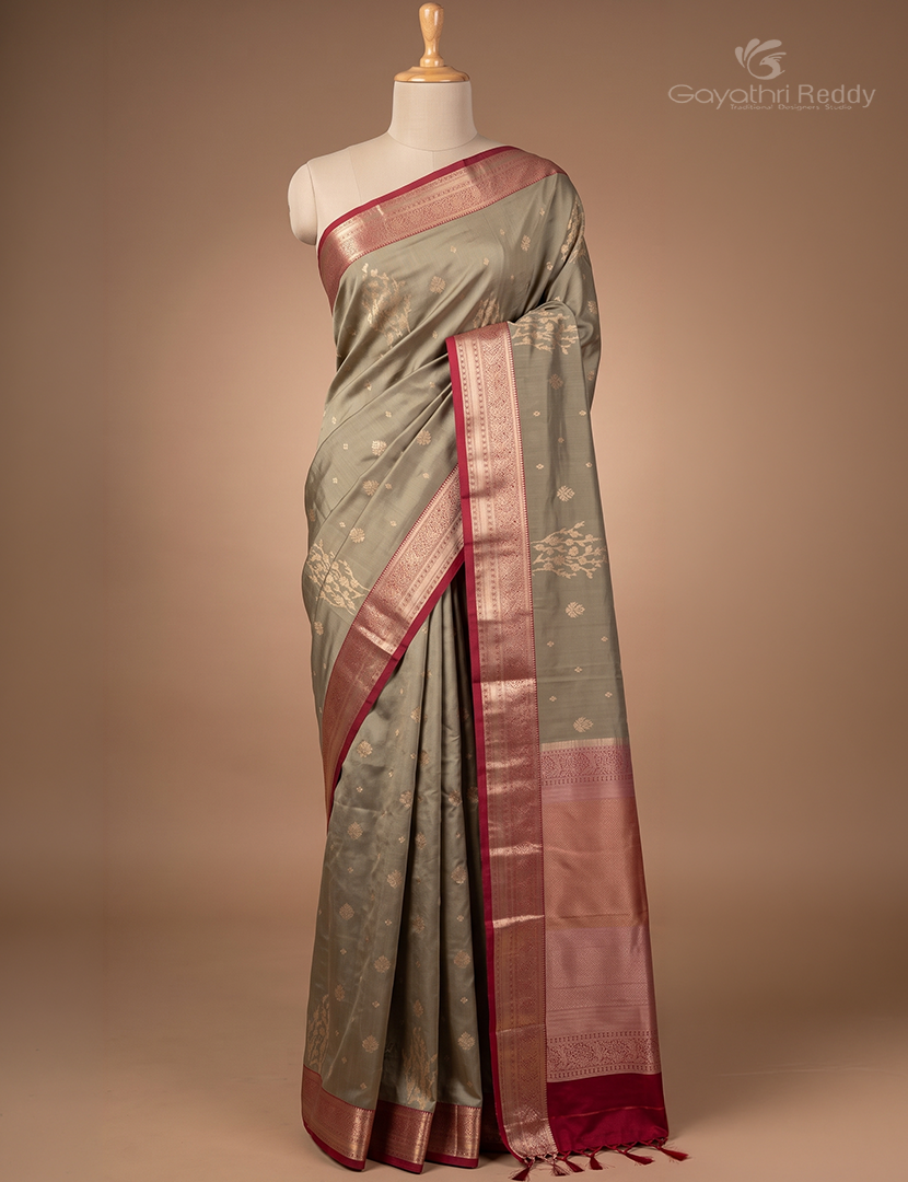 Soft Silk Saree in Grey and Deep Rust