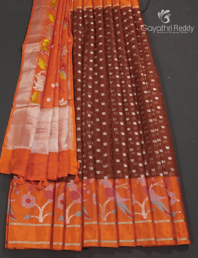 Banaras Kota Lehanga Set in Brown and Orange