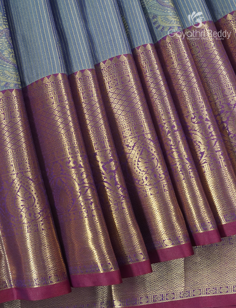 Semi Kanchipuram Silk Saree in Ash Grey and Deep Magenta