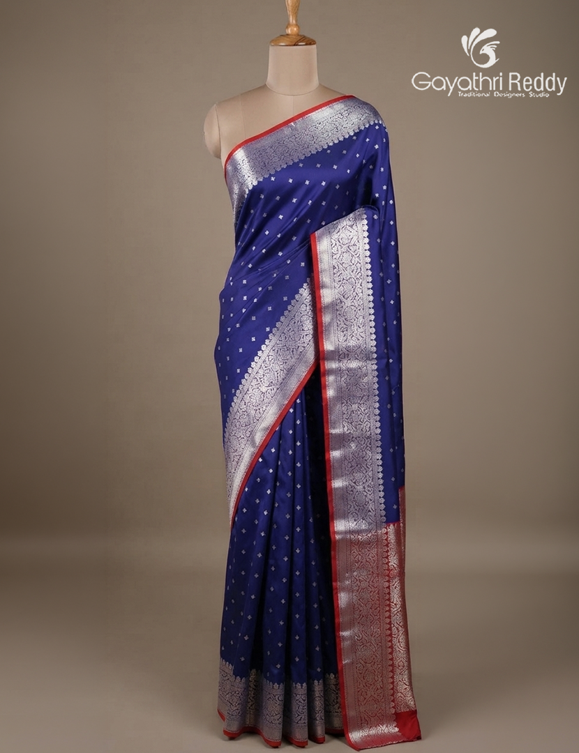 Semi Banaras Katan Silk Saree in Deep Blue and Red