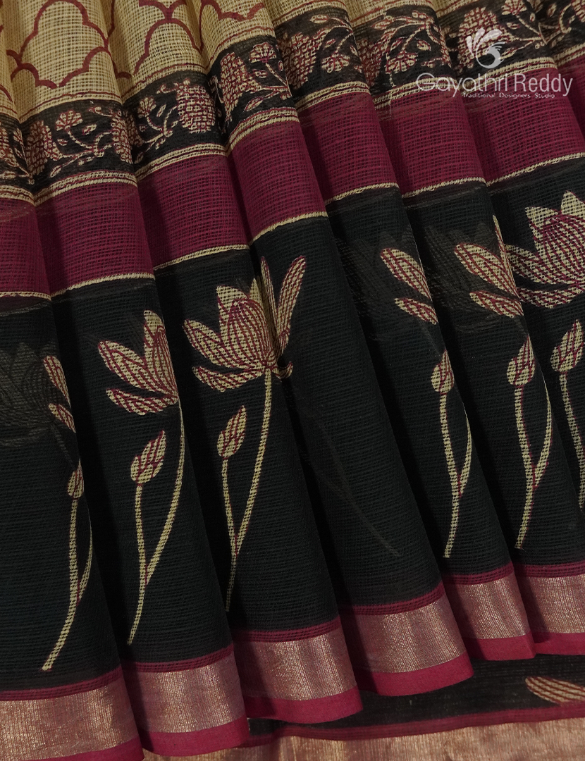 Premium Quality Cotton Kota Saree in Beige and Black