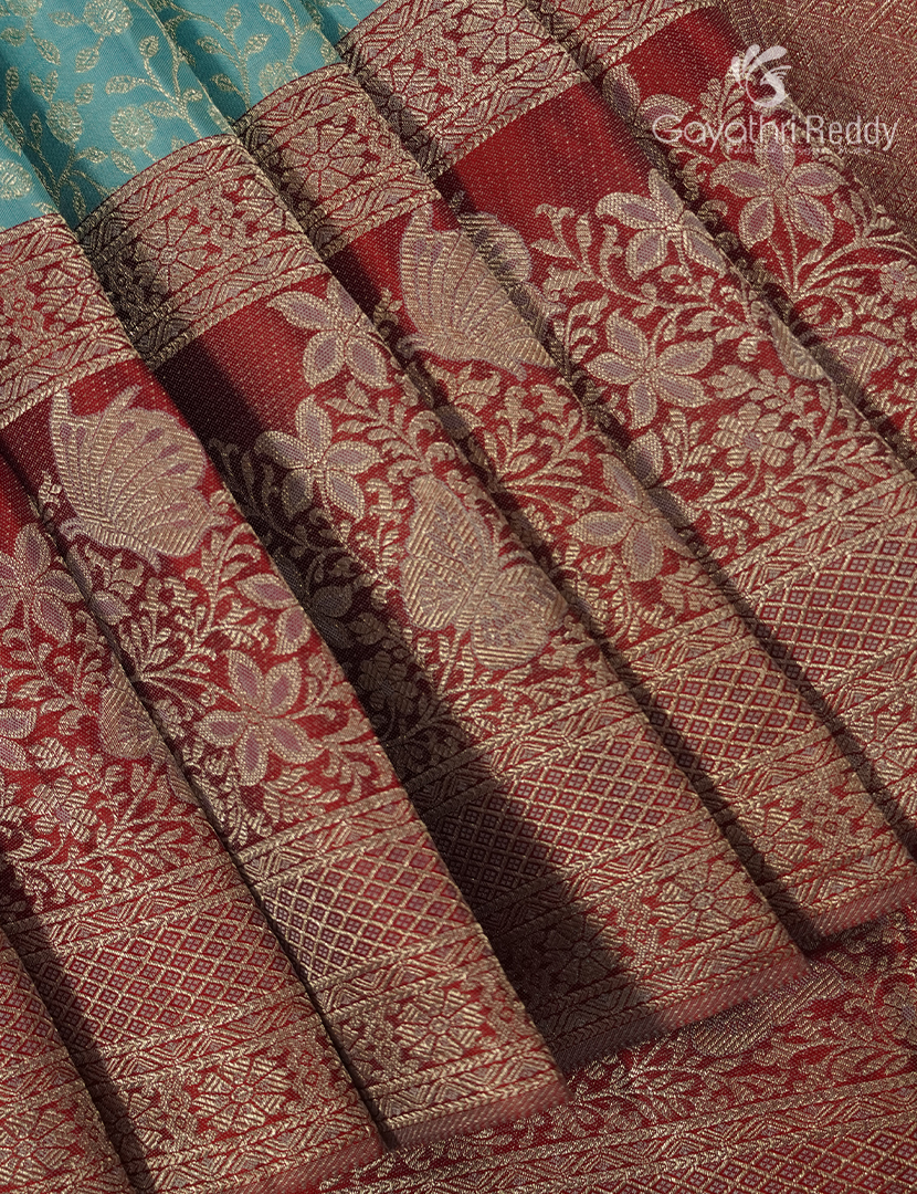 Pure Kanchipuram Bridal Silk Saree in Sea Blue and Red