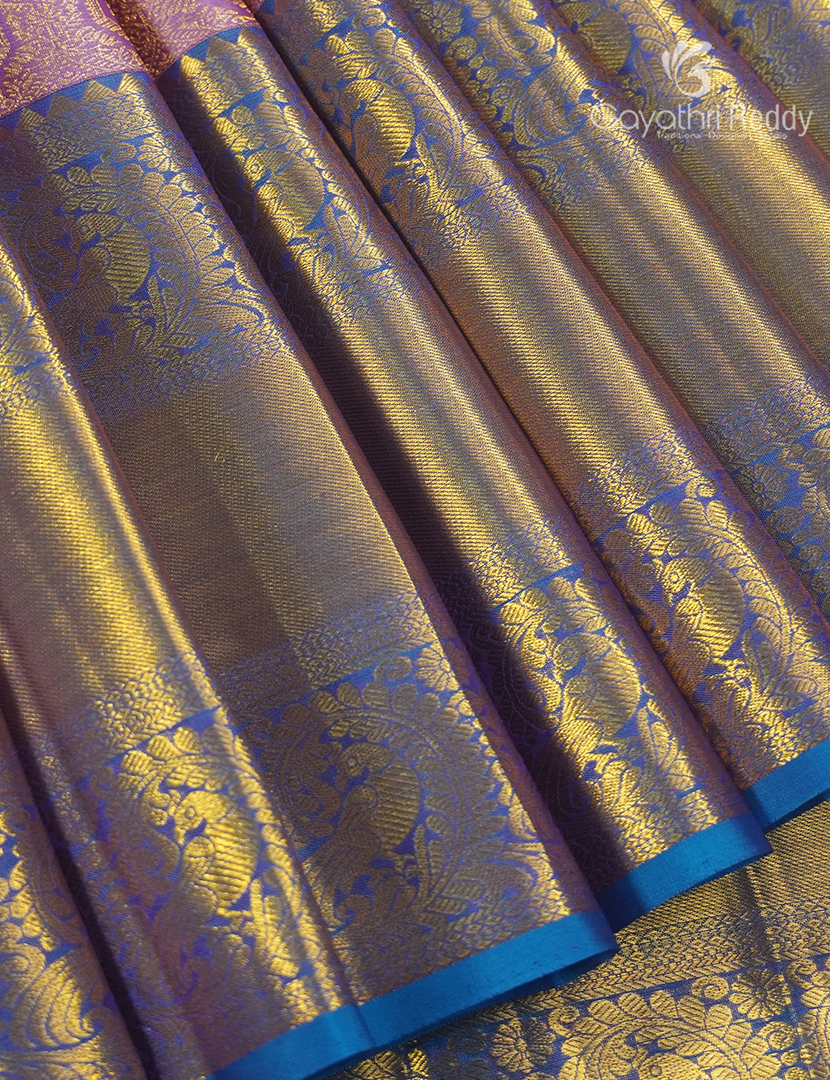 Pure Kanchipuram Silk Bridal Saree in Mauve Pink and Cyan Blue