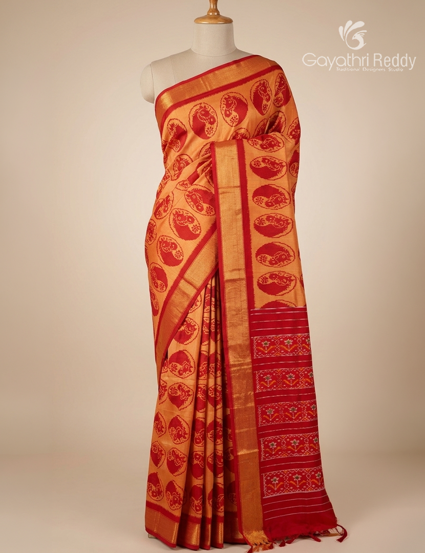 Pure Ikat Silk Saree in Golden Yellow and Red