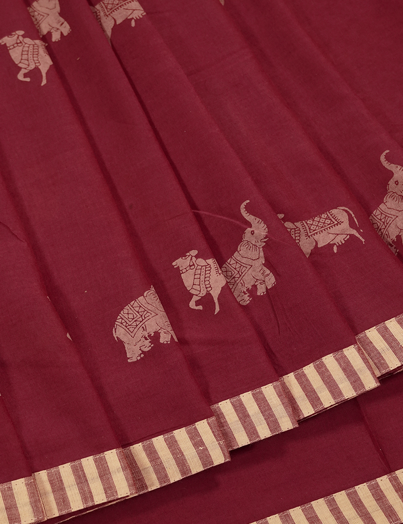 Pure MulMul Cotton Saree in Maroon Red and Beige