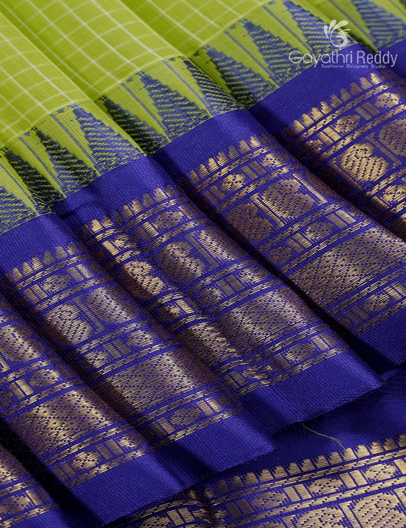 Pure Gadwal Cotton Saree in Parrot Green and Deep Blue