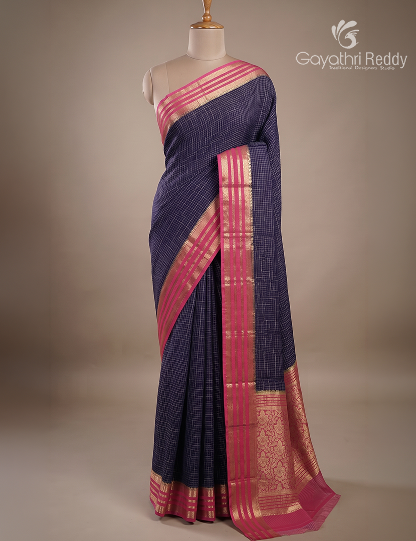 Semi Mysore Crepe Saree in Navy Blue and Rose Pink