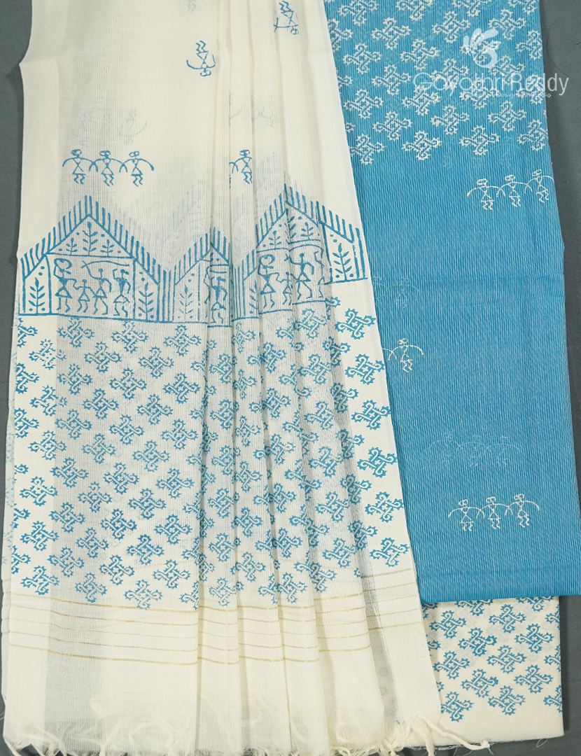 Cotton Dress Material Printed in Sky Blue and Cream