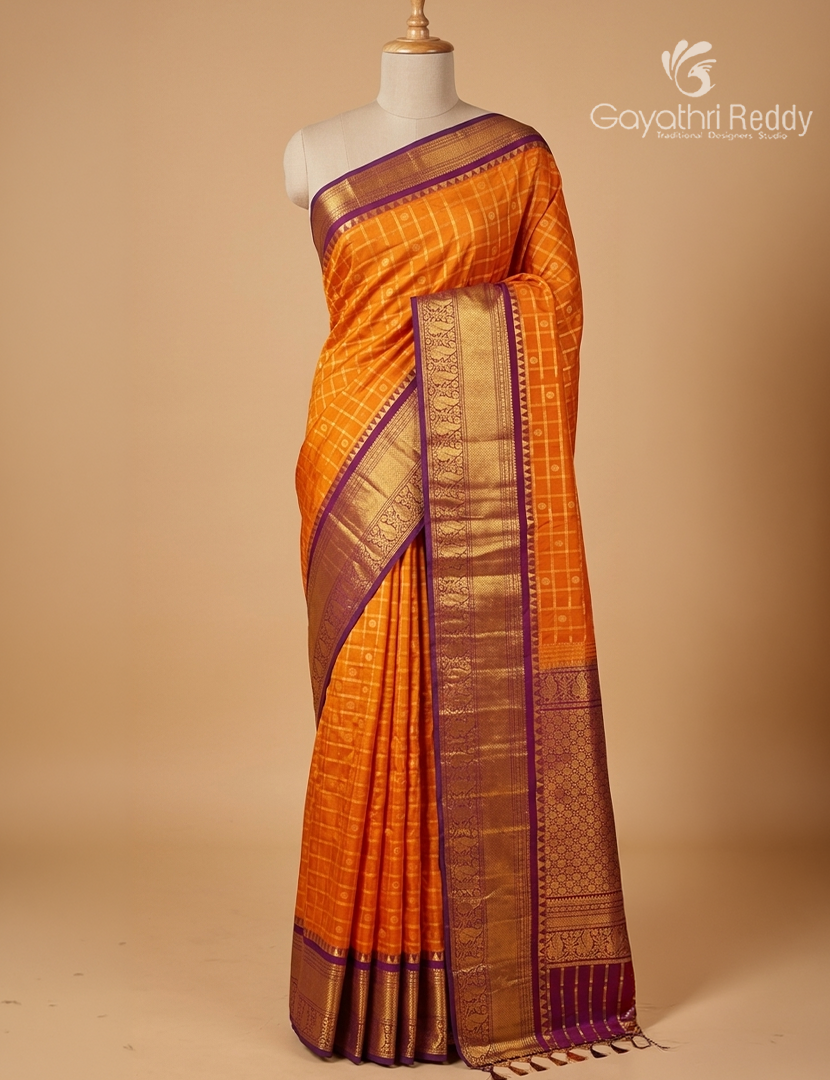 Pure Gadwal Silk Saree in Burnt Orange and Brown