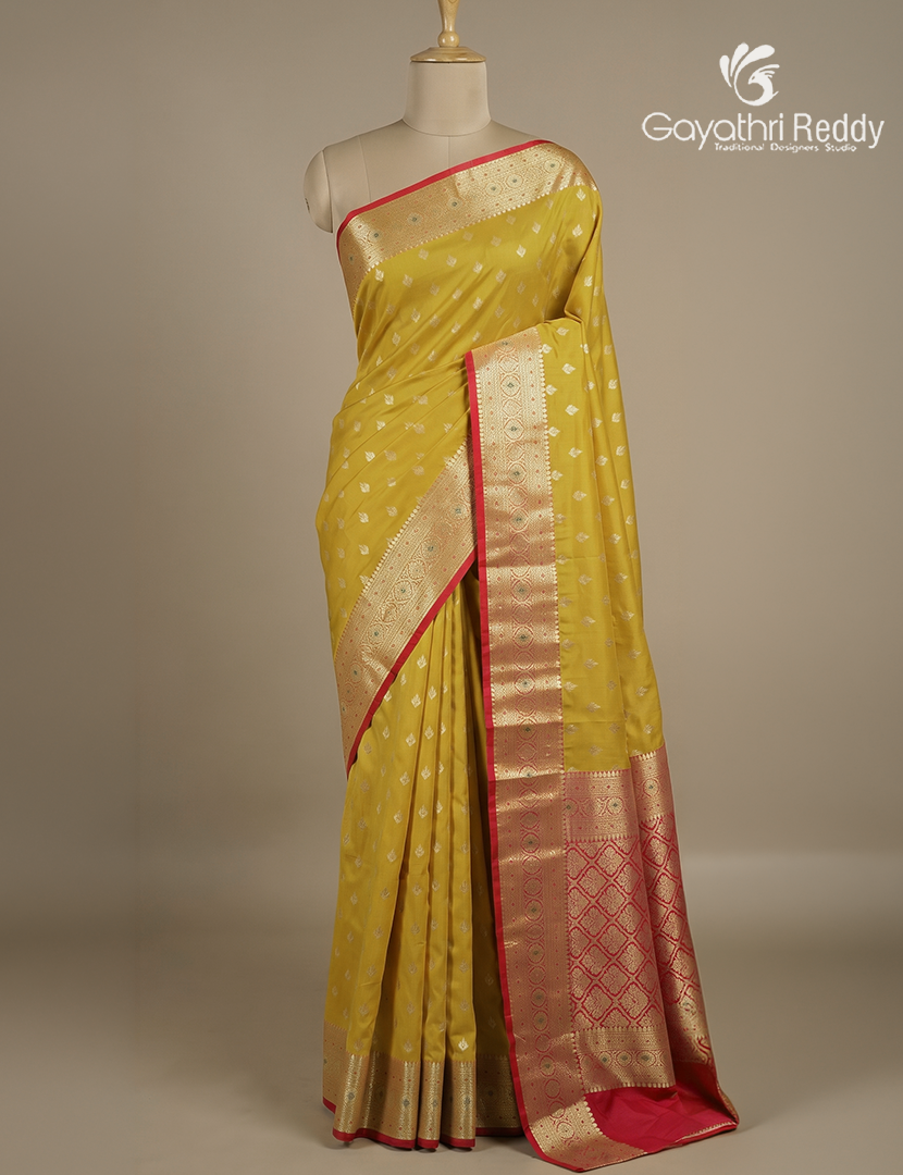 Semi Banaras Katan Silk Saree in Dry Mehendi and Red