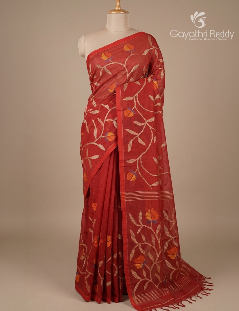 Pure Jamdani Kora Saree in Bridal Red
