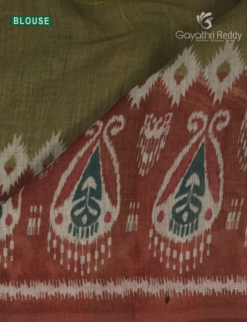 Linen Cotton Saree in Olive Green