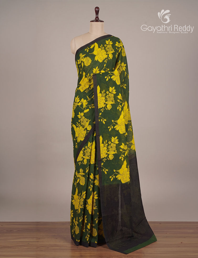 Pure MulMul Cotton Saree in Deep Bottle Green and Black