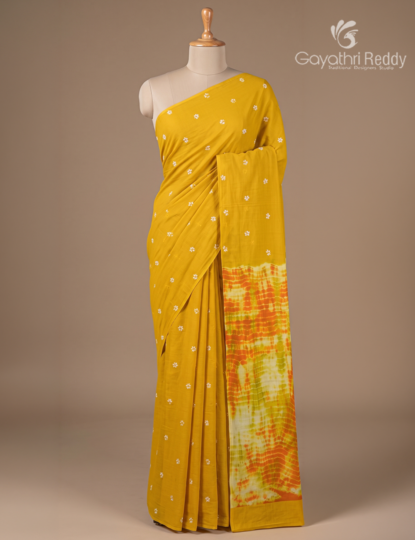 Pure MulMul Cotton Saree in Dry Mehendi and Orange