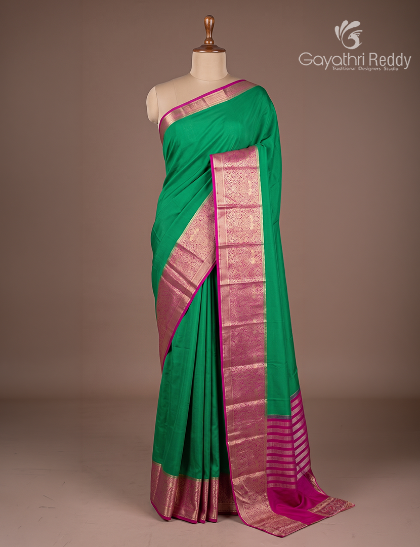 Semi Mysore Crepe Saree in Green and Rose Pink