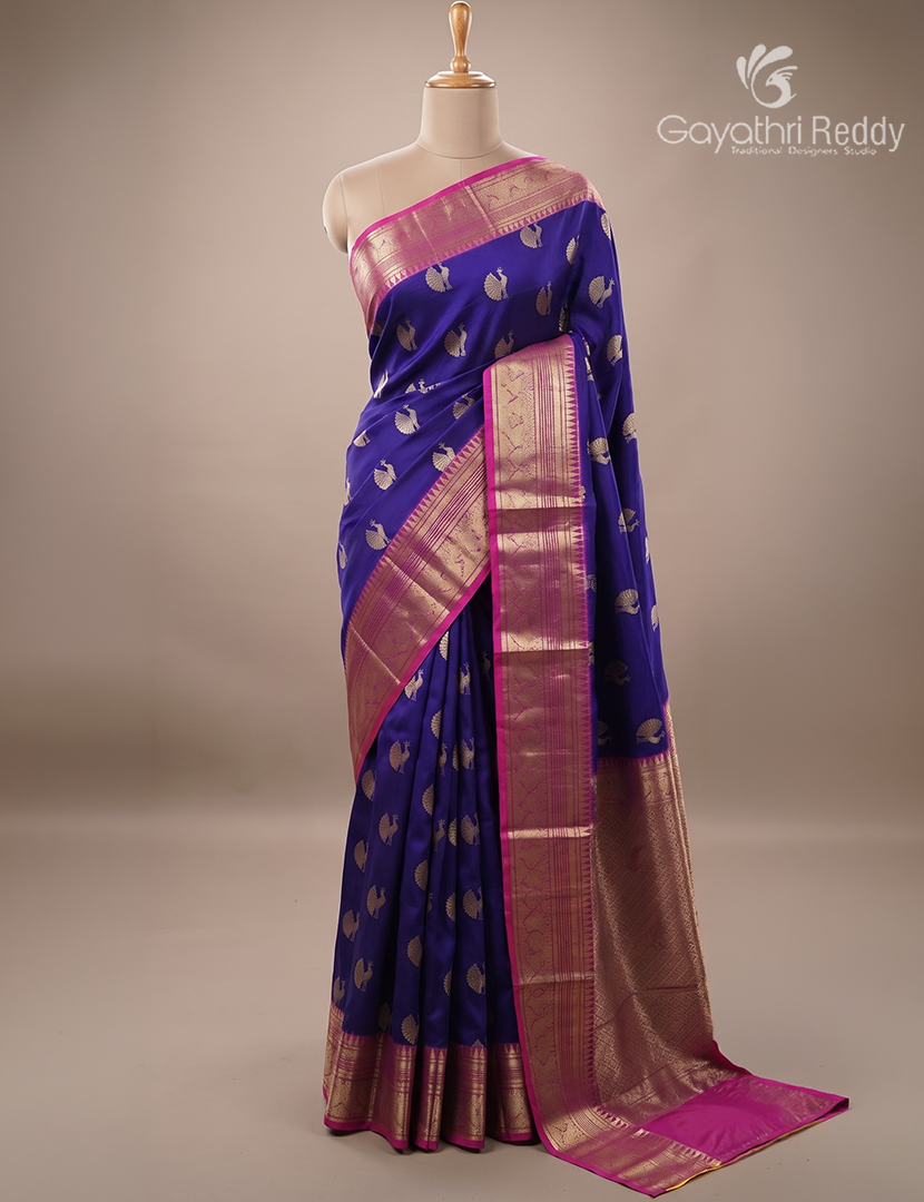 Pure Venkatagiri Silk Saree in Deep Blue and Deep Magenta