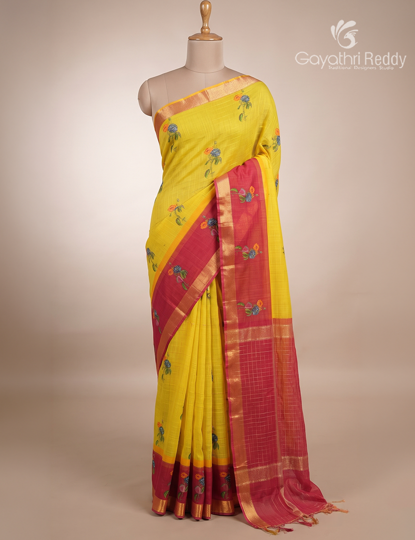 Mangalgiri Printed Saree in Parrot Green and Rani Pink