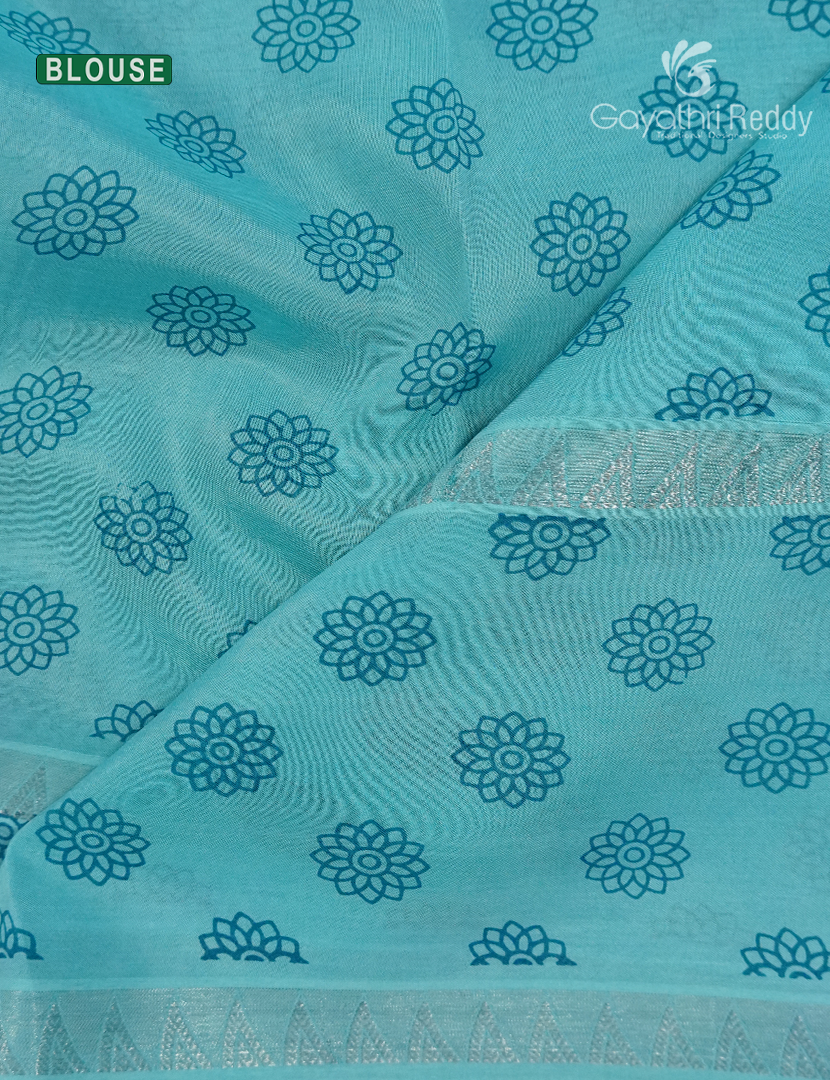 Mangalgiri Printed Saree in Lavender and Sea Blue