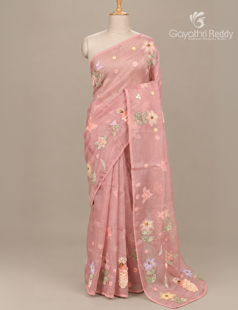 Pure Glass Organza Fancy Saree in Baby Pink