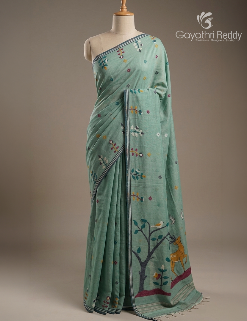Jamdani Cotton Saree in Sage Green