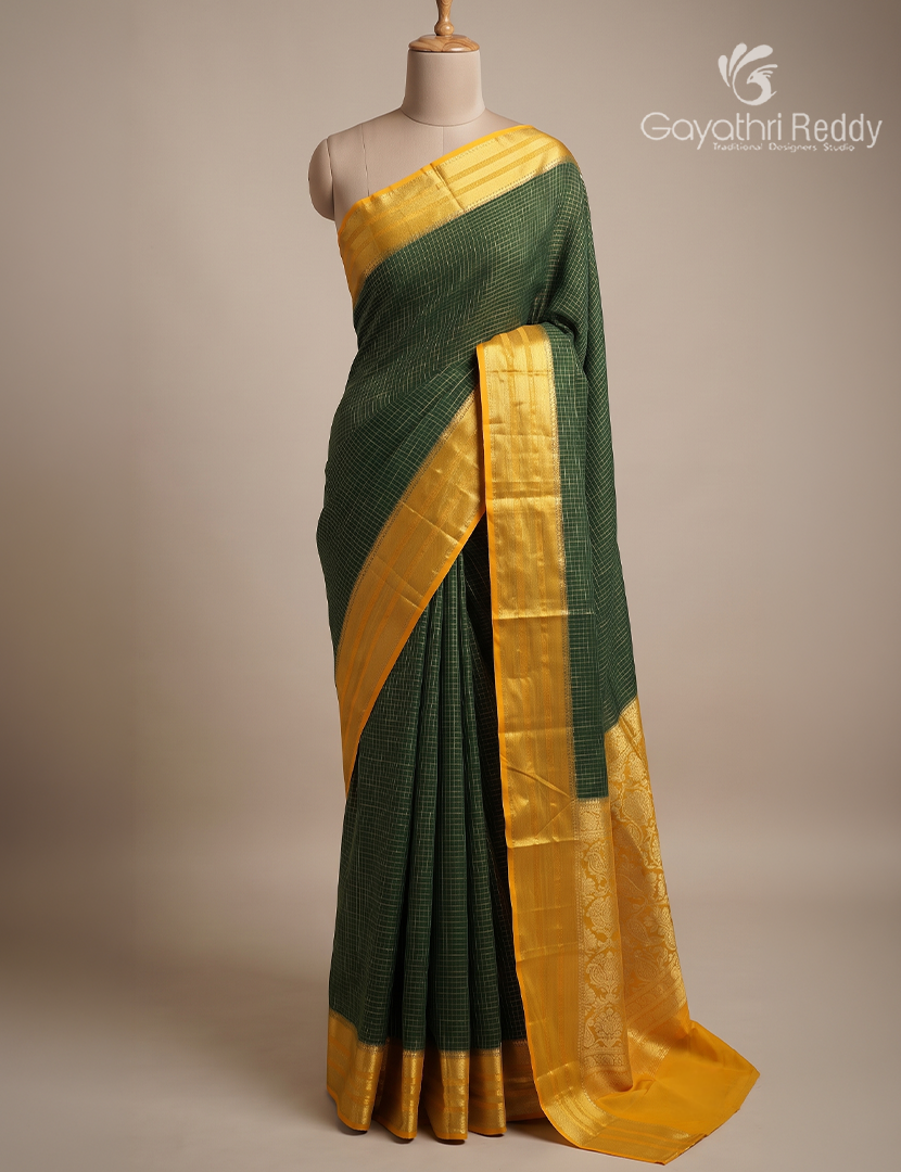 Semi Mysore Crepe Saree in Bottle Green and Yellow