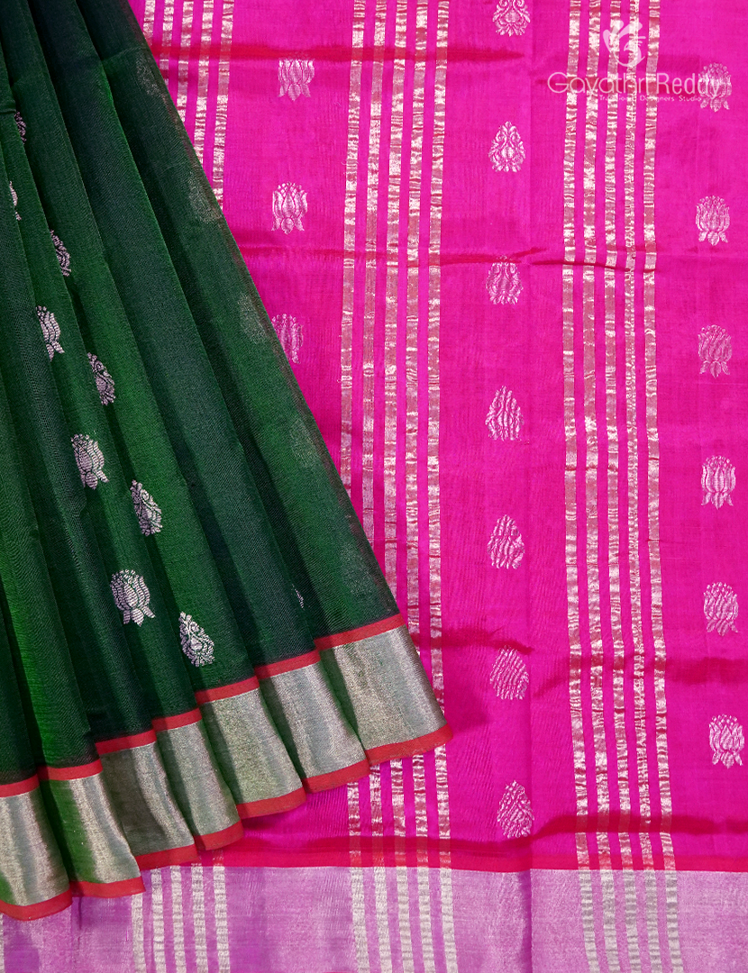 Pure Arani Sico Saree in Deep Bottle green and Hot Pink