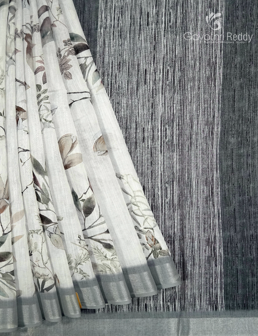 Linen Silk Saree in White and Black