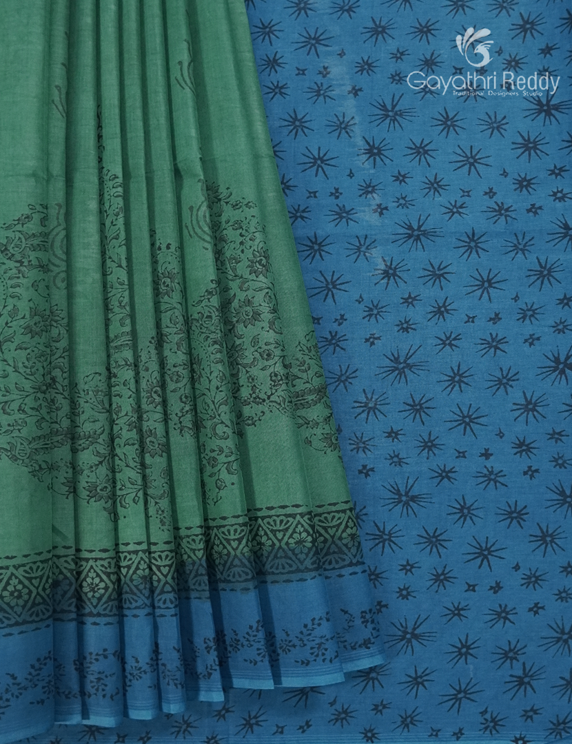Block Print Cotton Saree in Sea Foam Green and Sea Blue
