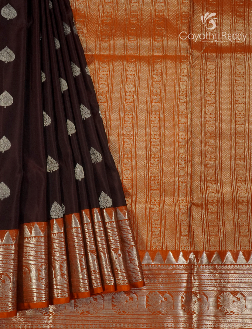 Pure Venkatagiri Silk Saree in Deep Snuff and Burnt Orange