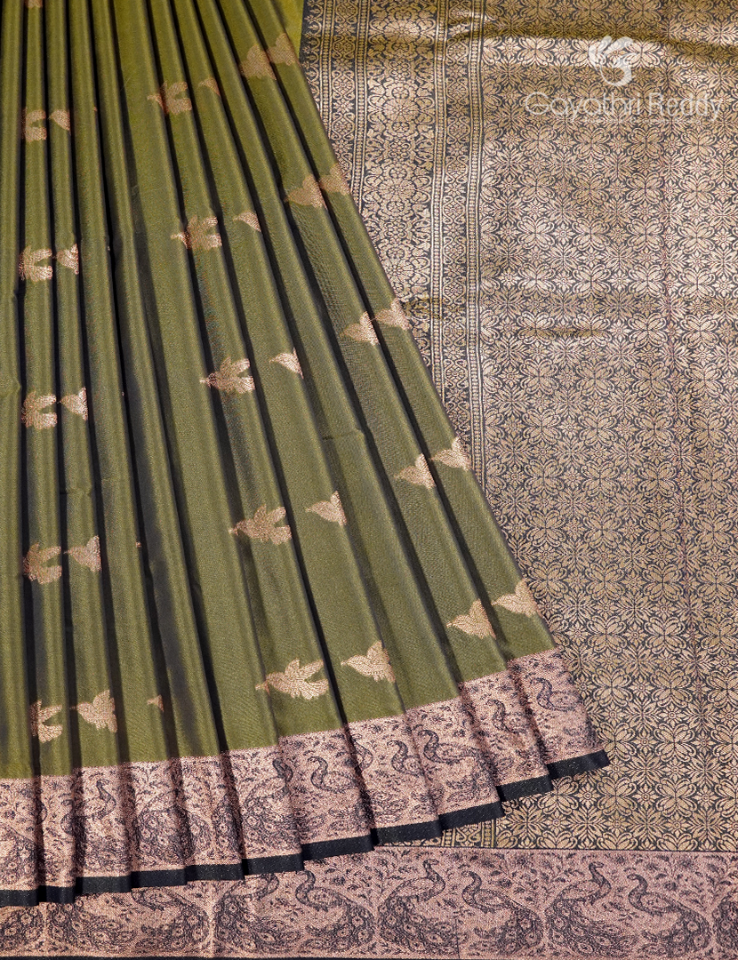 Semi Kanchipuram Art Silk Saree in Olive Green