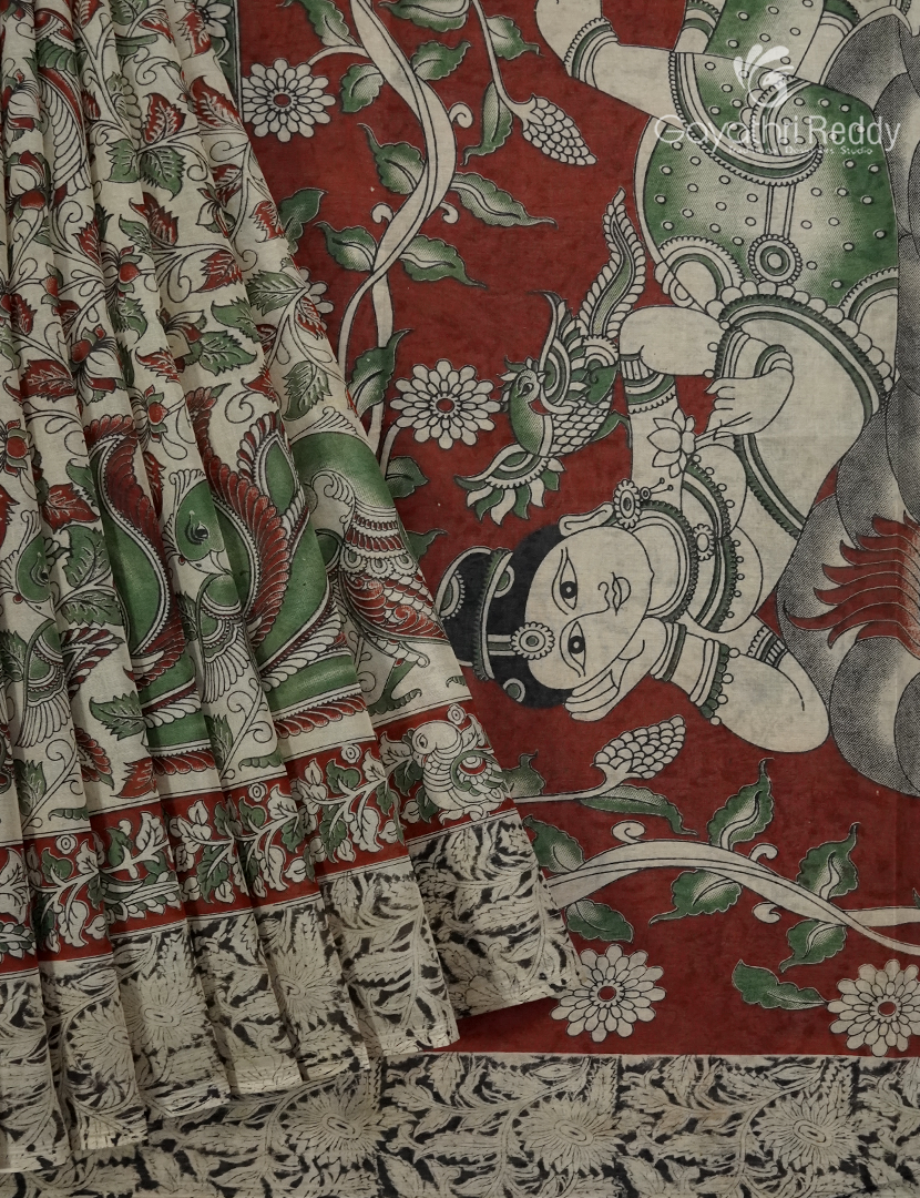 Kalamkari Printed Cotton Saree in Beige and Rust Red