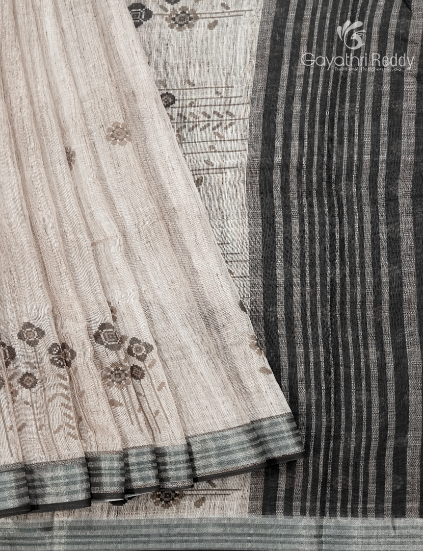 Linen Silk Saree in Cream and Black