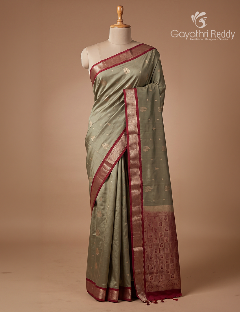 Soft Silk Saree in Grey and Deep Magenta