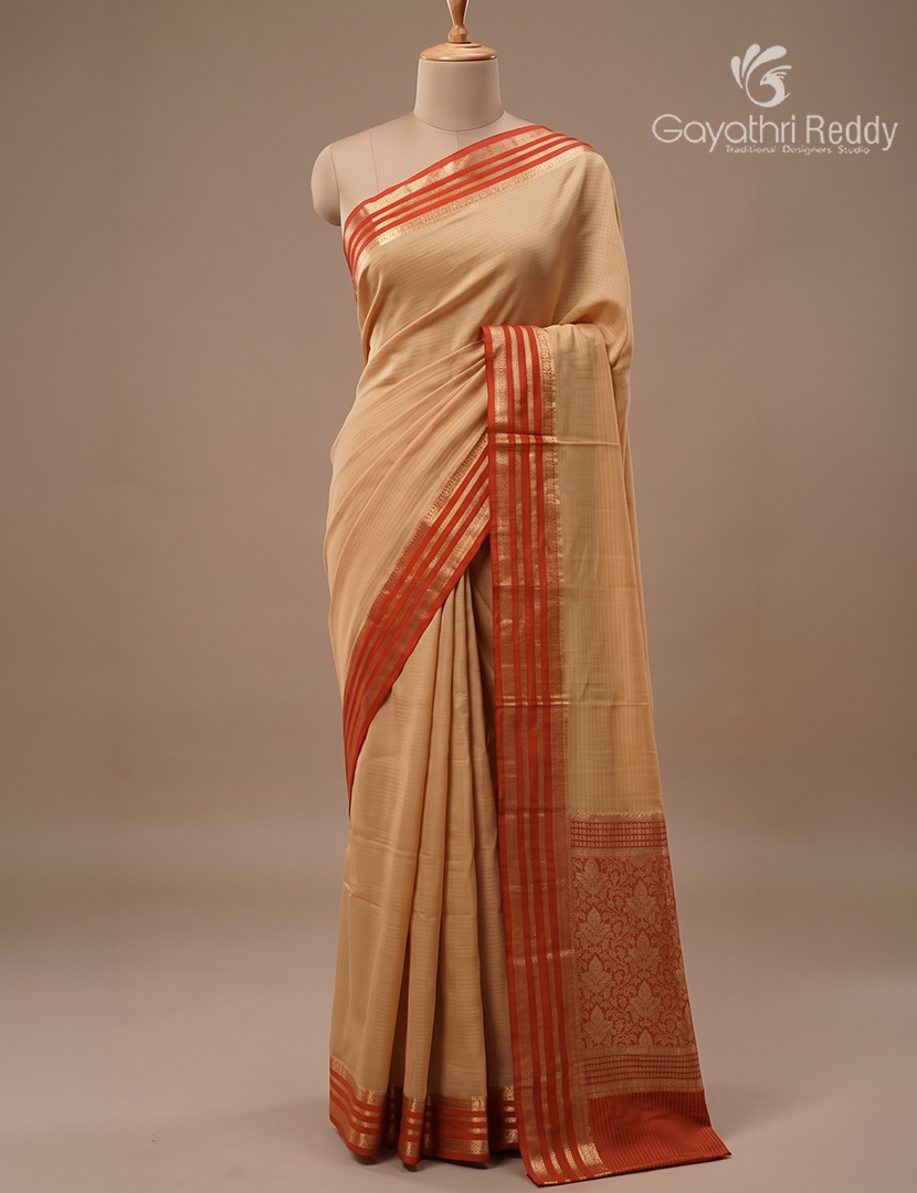 Semi Mysore Crepe Saree in Golden Beige and Deep Brown