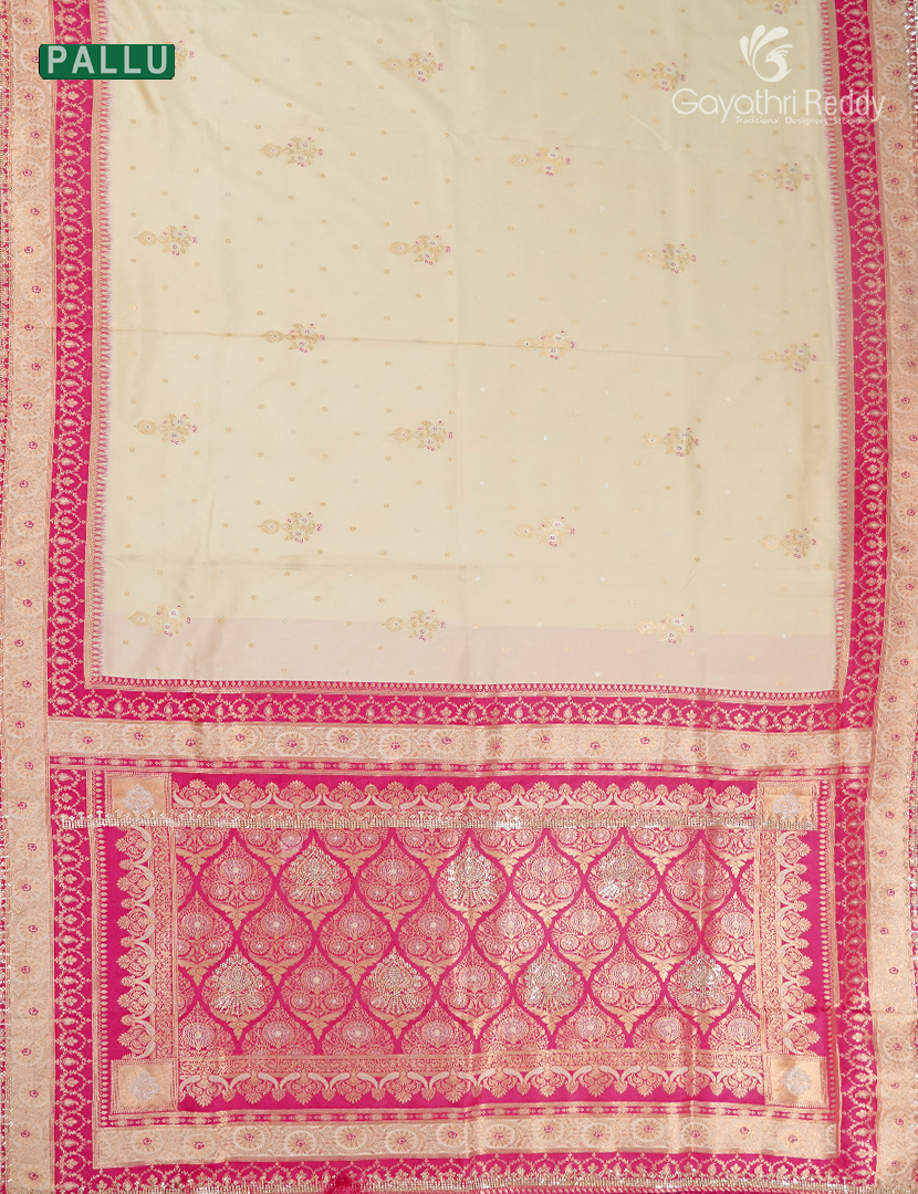 Semi Kanchipuram Silk Fancy Saree in Off-White and Pink