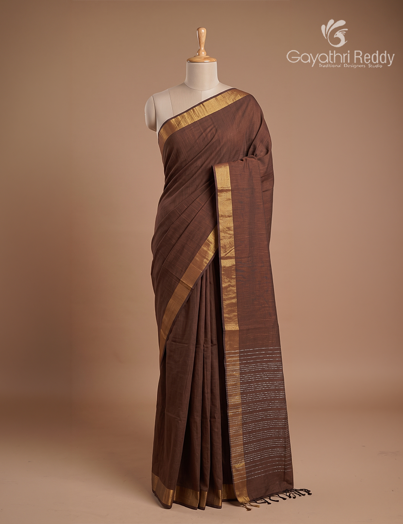 Pure Handloom Cotton Saree in Brown