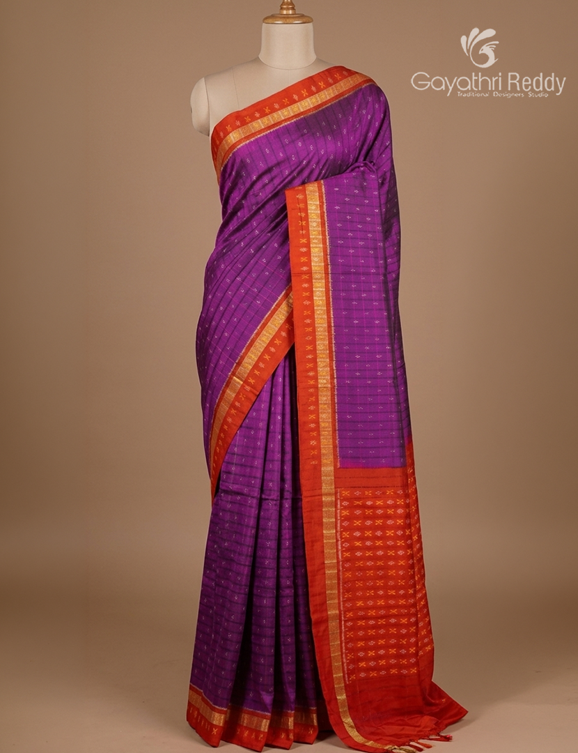 Pure Ikat Silk Saree in Purple and Red